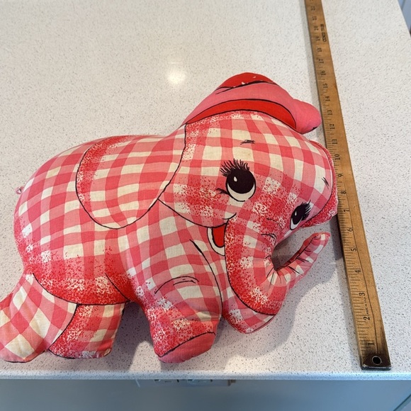 Rare Vintage handmade elephant pillow Gingham Pink Plaid with hat - Picture 9 of 9